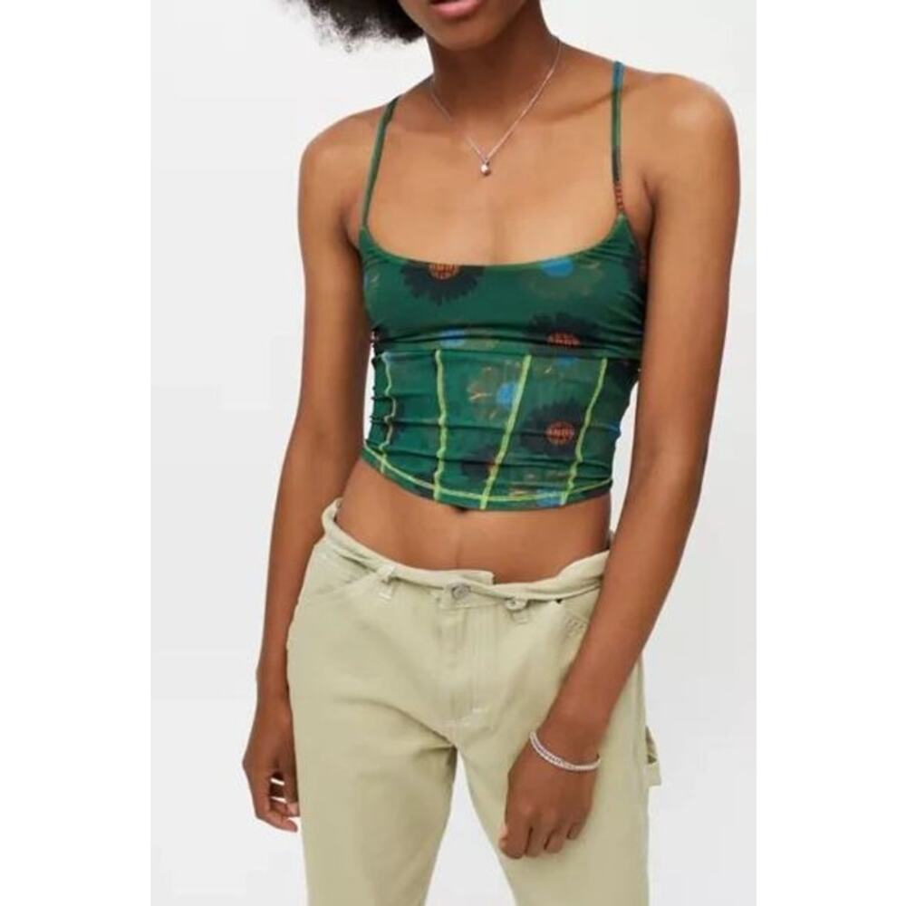 Urban Outfitters UO Mesh Corset Cami Top Green Womens Size XS Floral Y2K Hippie